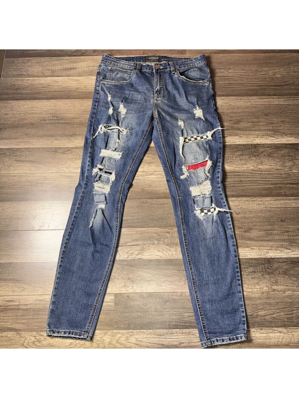 Victorious Jeans Men's 30x32 Light Indigo Distressed Patchwork Skinny Stretch